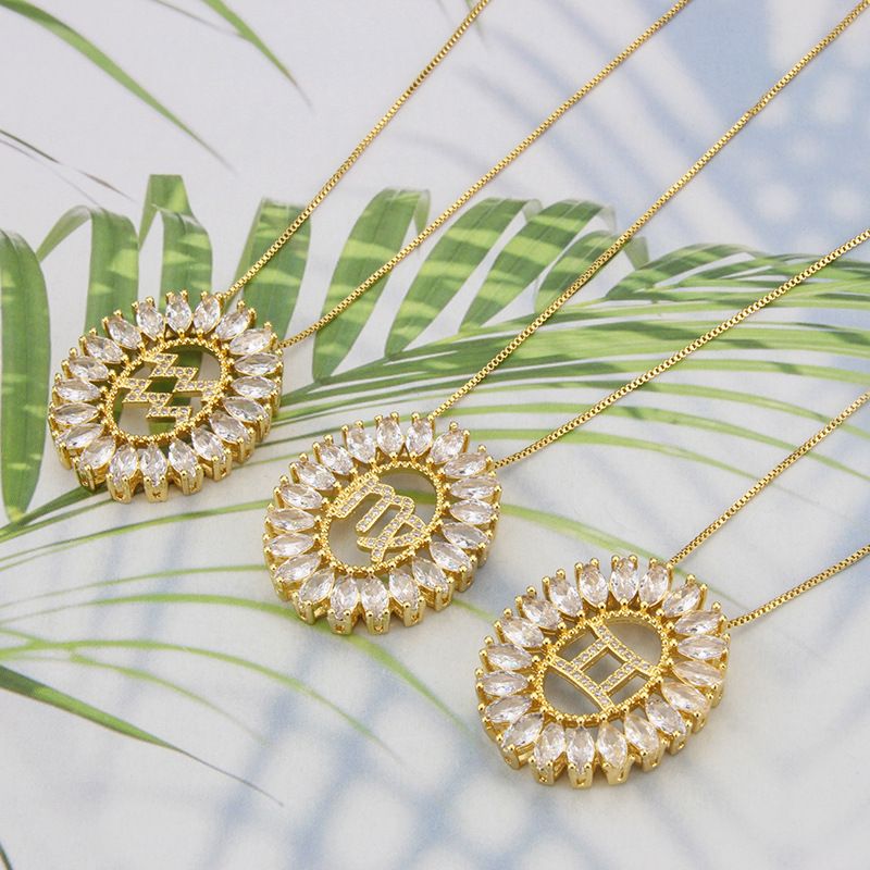 Simple Style Twelve Constellation Copper Round Zircon Pendant Necklace Wholesale