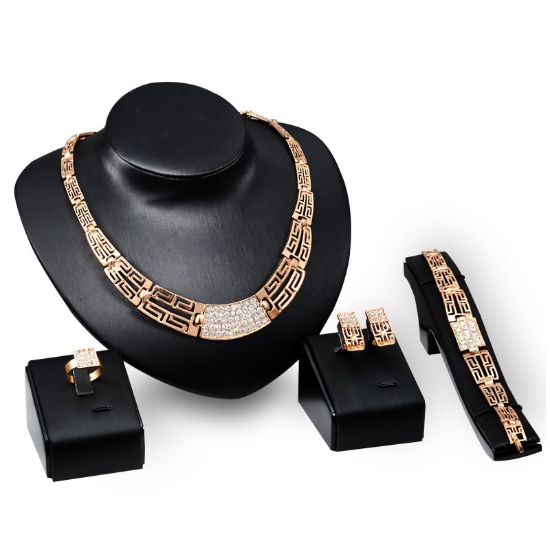 Retro Hollow Geometric Gold-plated Full Diamond Jewellery Set