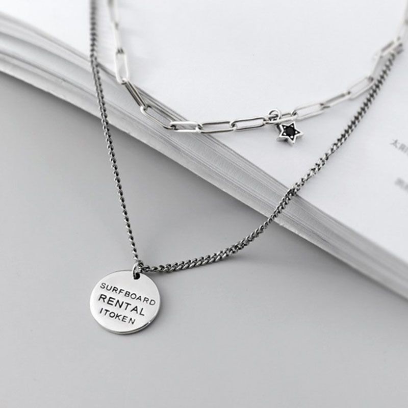 Retro Design Double Star Chain Diamond Round Tag Letter Necklace