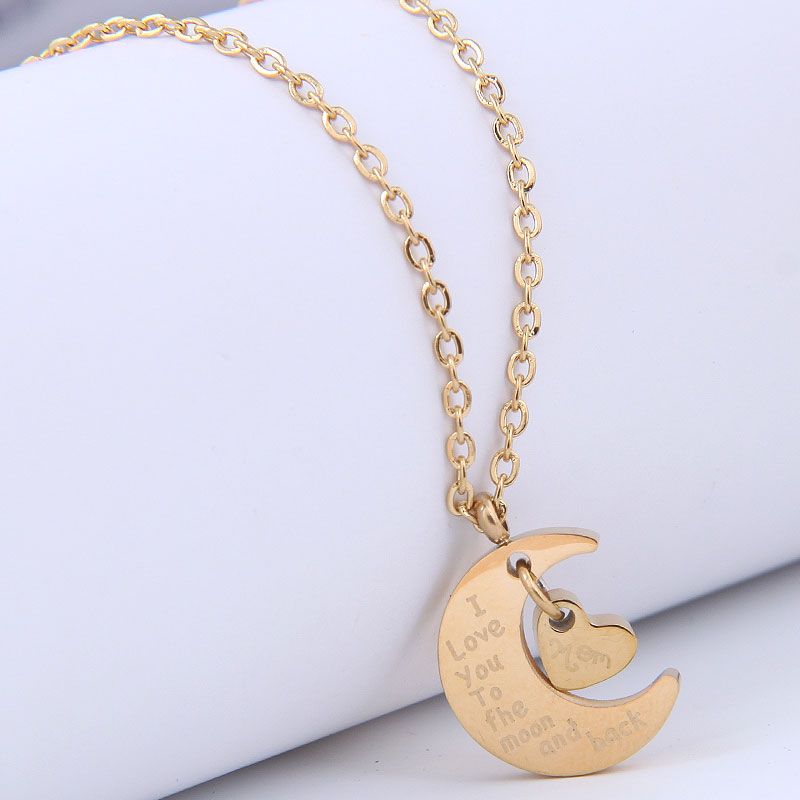 Fashion Lettering Heart Moon Pendent Titanium Steel Necklace