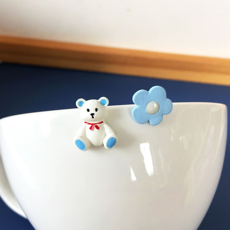 Korean Cartoon Cute Flower Bear Asymmetrical Earrings