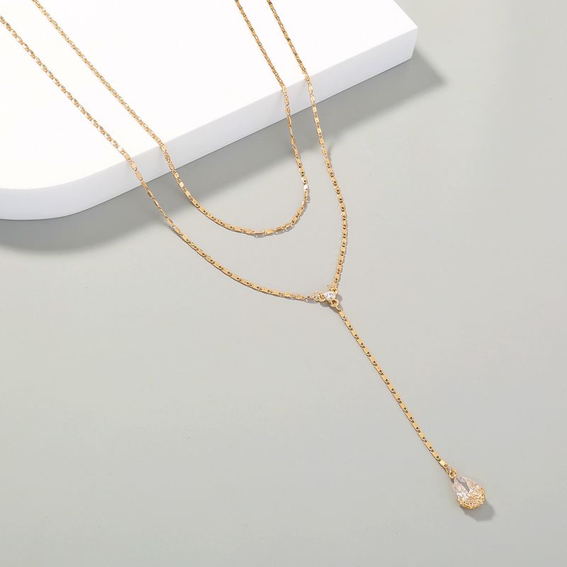 New Simple Water Drop Zircon Long Pendent Double Layer Necklace
