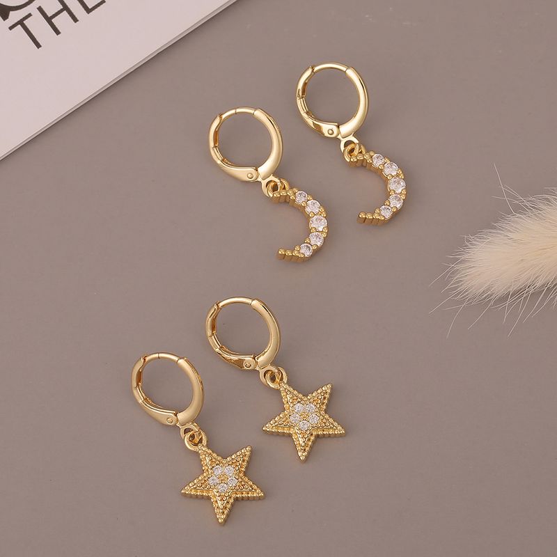 Fashion Copper Micro-inlaid Moon Star Earrings