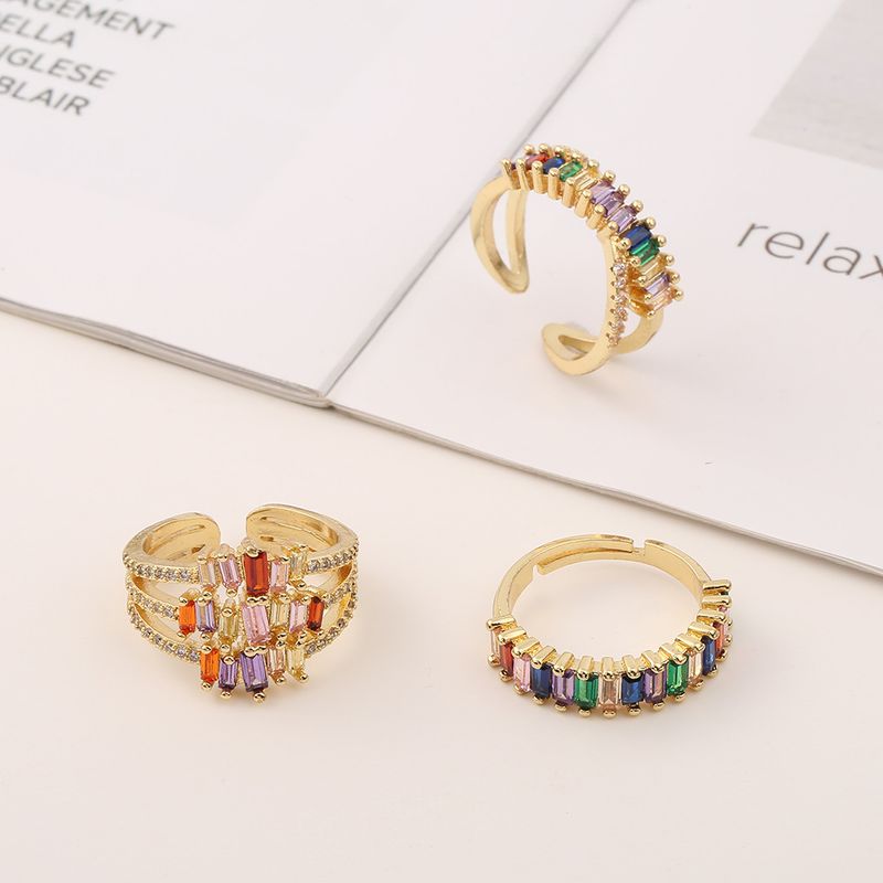 Retro Geometric Color Zircon Copper Open Ring