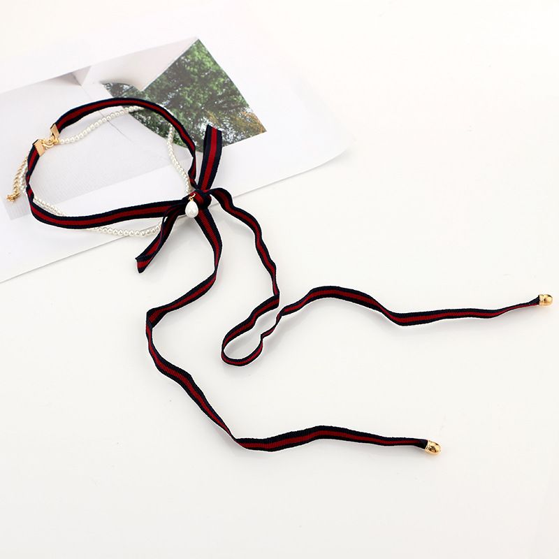 Nihaojewelry Pearl Tassel Long Fabric Striped Bowknot Necklace Wholesale Jewelry