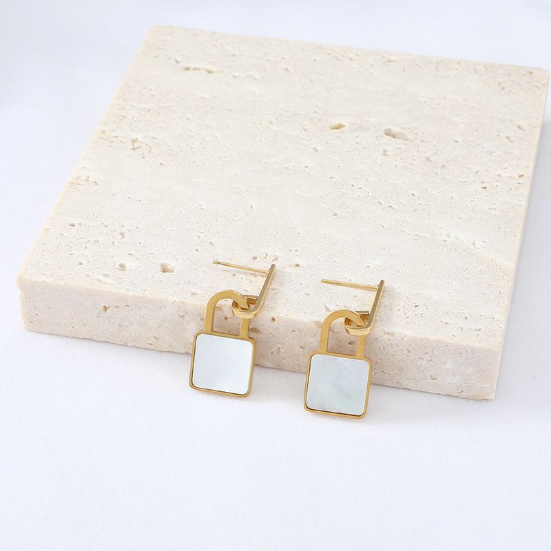Simple Square Shell Pendant Lock-shaped Stainless Steel Earrings