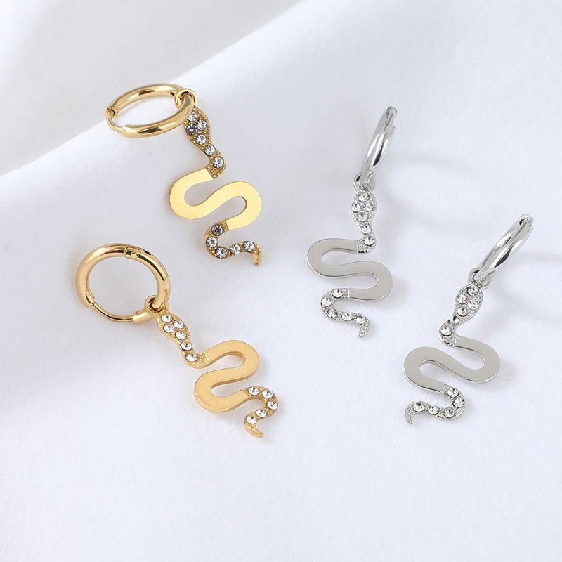 Simple Irregular Golden Snake-shaped Diamond Stainless Steel Earring