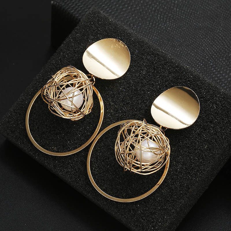 Korean Geometric Hollow Thread Ball Pearl Pendant Earrings