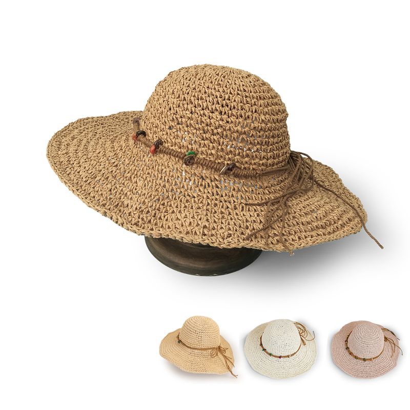 Korean Style Sunscreen Button Woven Big Brim Breathable Straw Hat