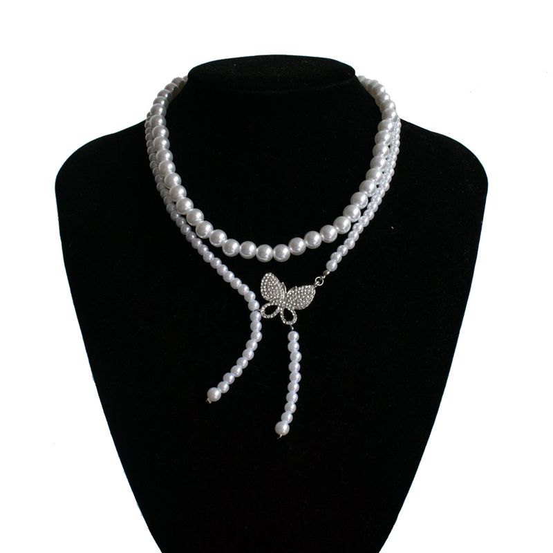Retro Style Double-layer Pearl Rhinestone Butterfly Pendant Necklace