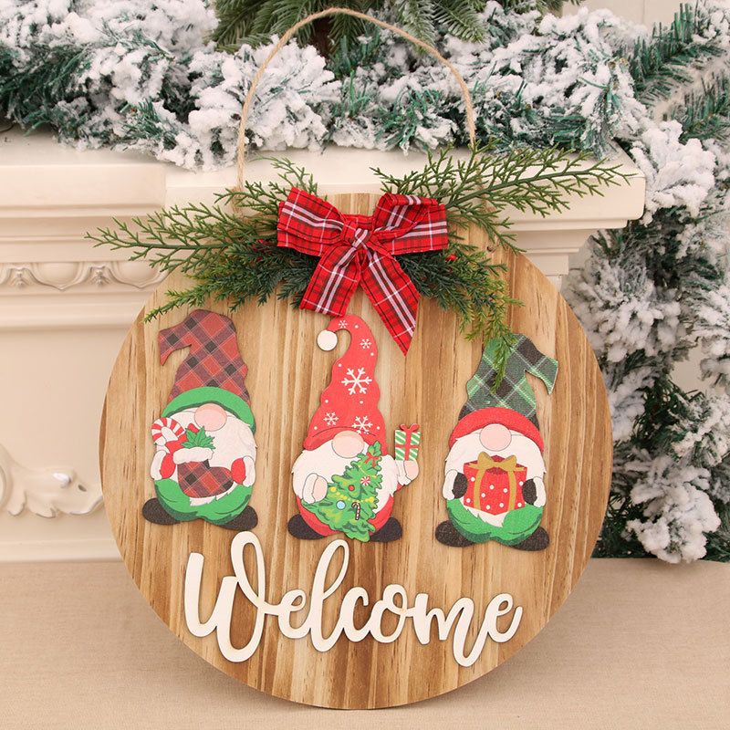 New Christmas Wooden Three-dimensional Door Hanging Wooden Garland Pendant Bow Welcome Pendant Faceless Dwarf