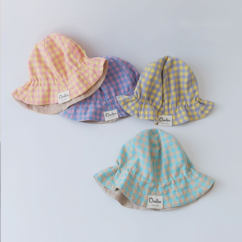Nouveau Chapeau De Pêcheur Pour Enfants À Carreaux De Couleur Contrastée Coréen