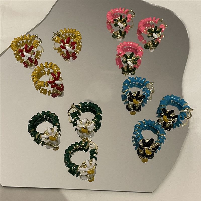 Wholesale Jewelry Retro Color Drip Glaze Flower Ring Earrings Set Nihaojewelry