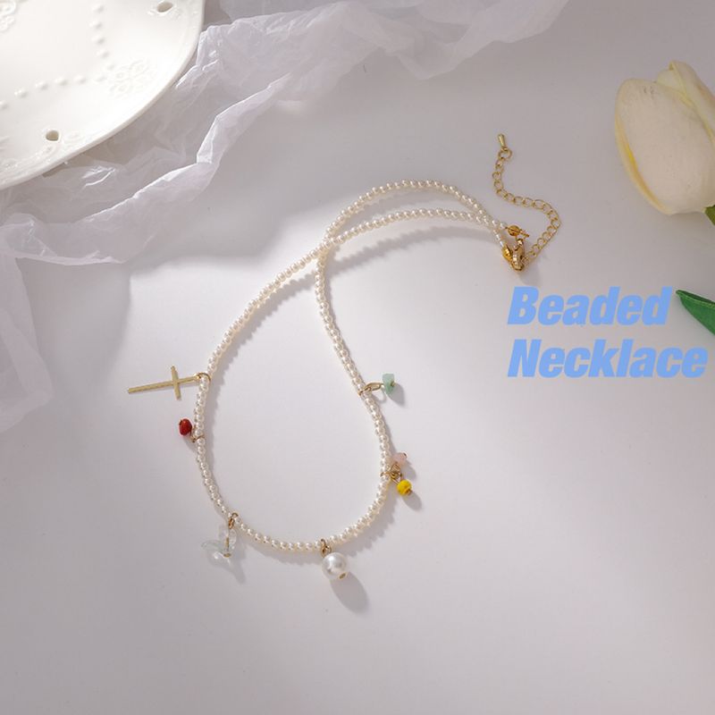Fashion Cross Geometric Pendent Tassel Pearl Necklace