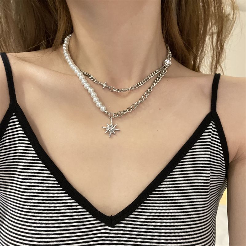 Koreanische Perlenkette Achtzackiger Stern Anhänger Doppelschichtige Halskette