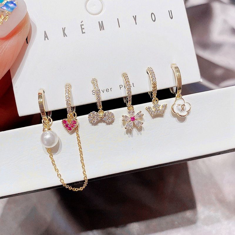 Korean Fresh Sweet Flower Bow Love Earrings Set