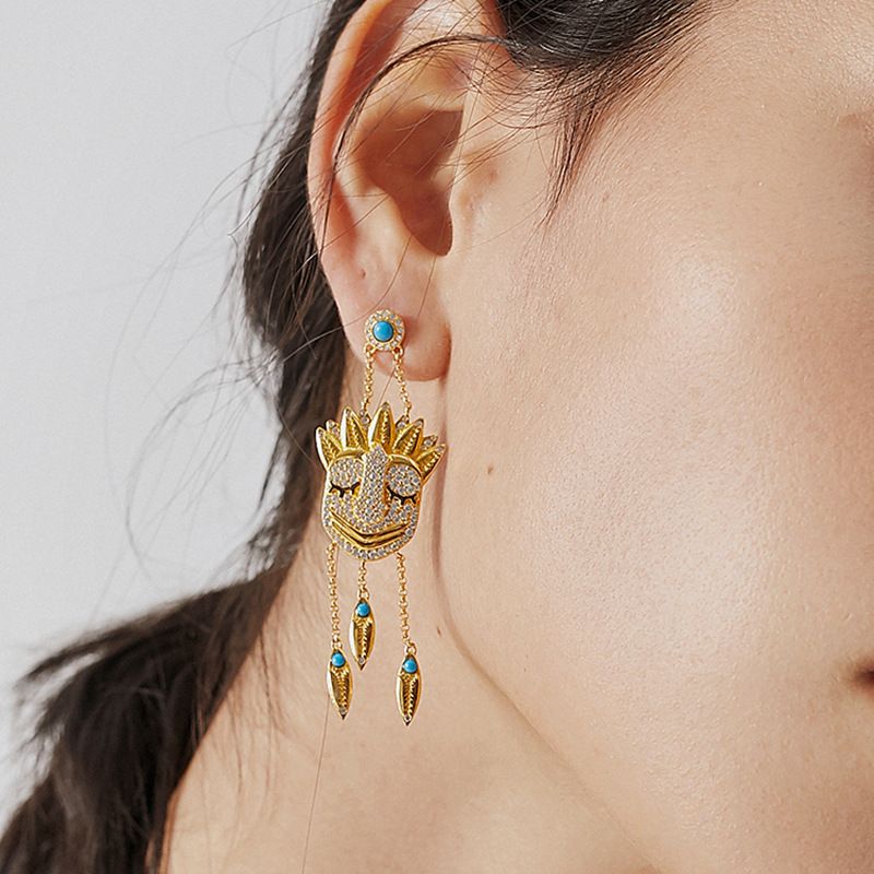 Personality Mysterious Indian Tassel Imitation Sapphire Mask Earrings