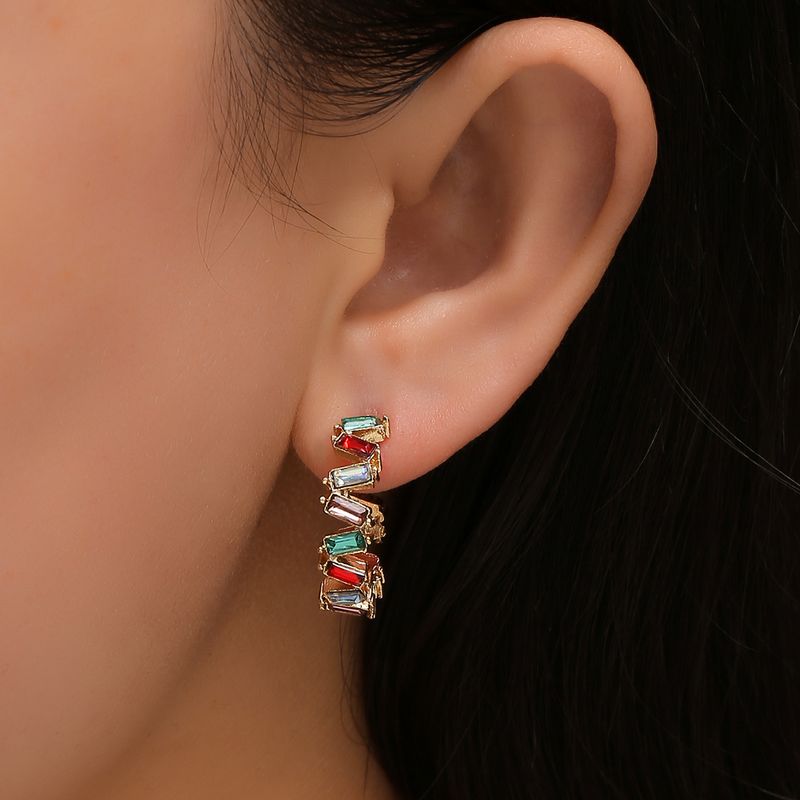 Fashion Rainbow Color Diamond C-shaped Earrings