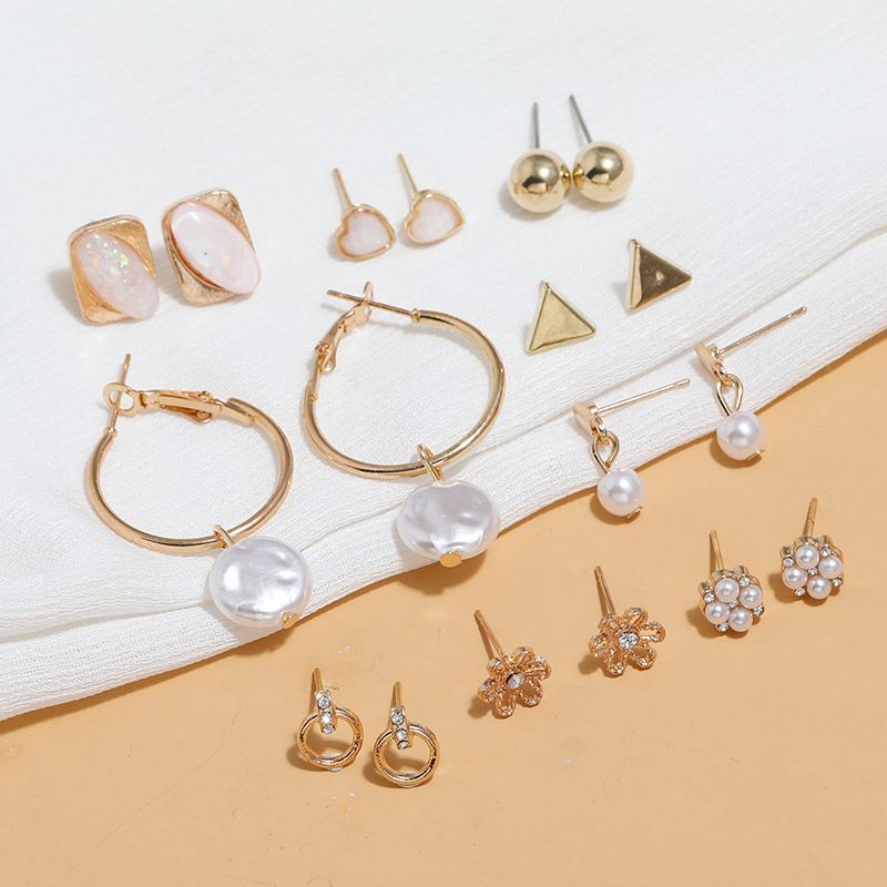 Retro Simple Pearl Geometric 9-piece Earrings