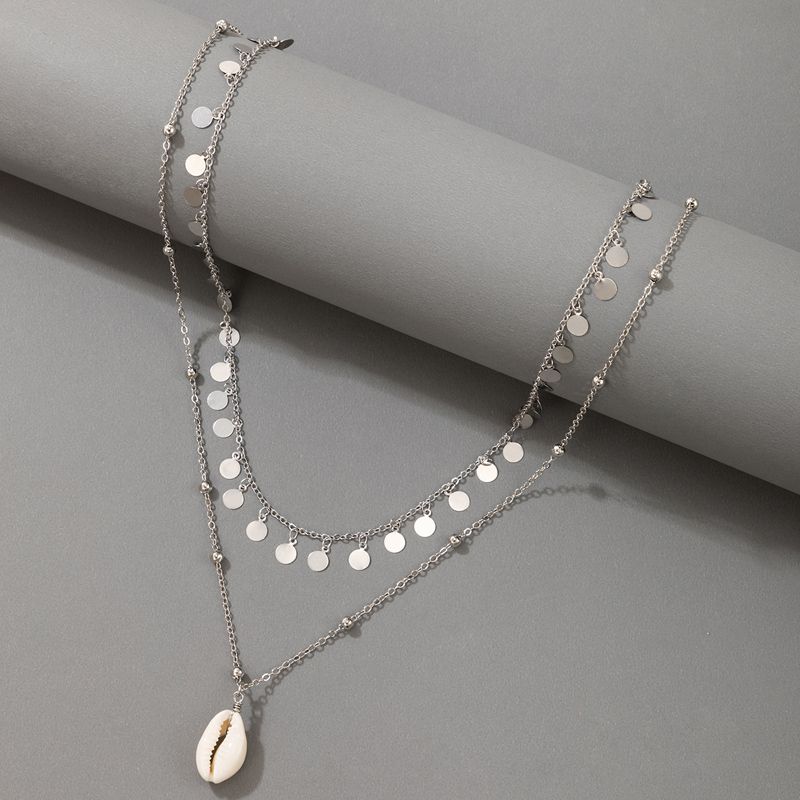 Retro Disc Tassel Silver Round Bead Shell Pendant Necklace