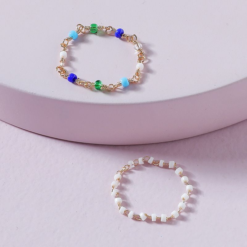 Fashion Color Rice Bead Chain Ring 2 Sets