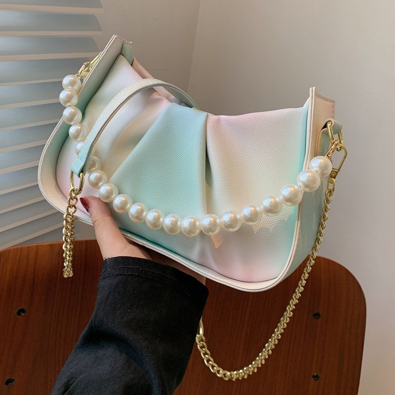 Fashion Gradient Color Pearl Chain Fold Cloud Bag