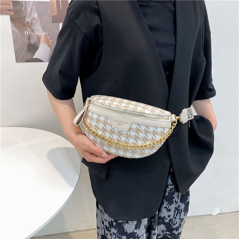 Korean Style Houndstooth Chain Zipper Shoulder Chest Bag