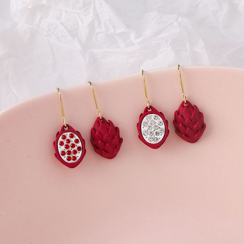 Korean Style Asymmetric Rhinestone Red Heart Dragon Fruit Earrings