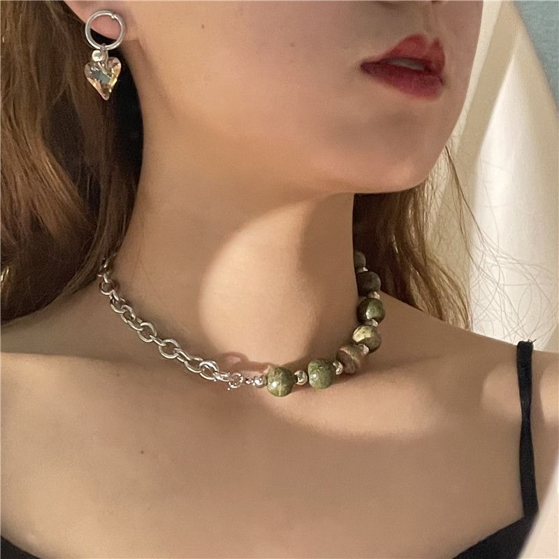 Mode Blume Grüne Stein Halskette Ohrringe Set