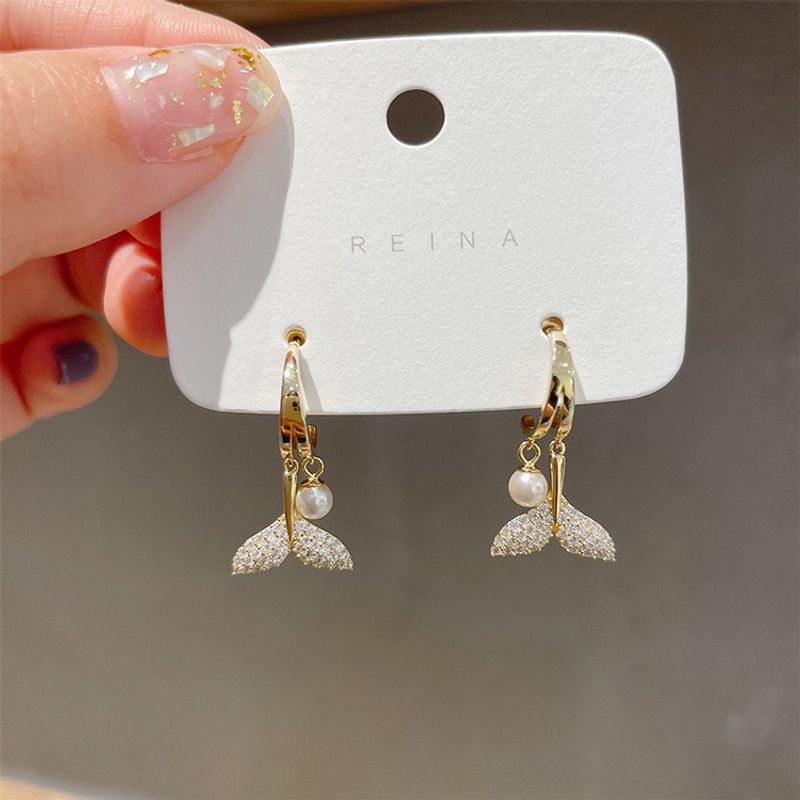 Korean Style Fashion Pearl Diamond Fishtail Earrings