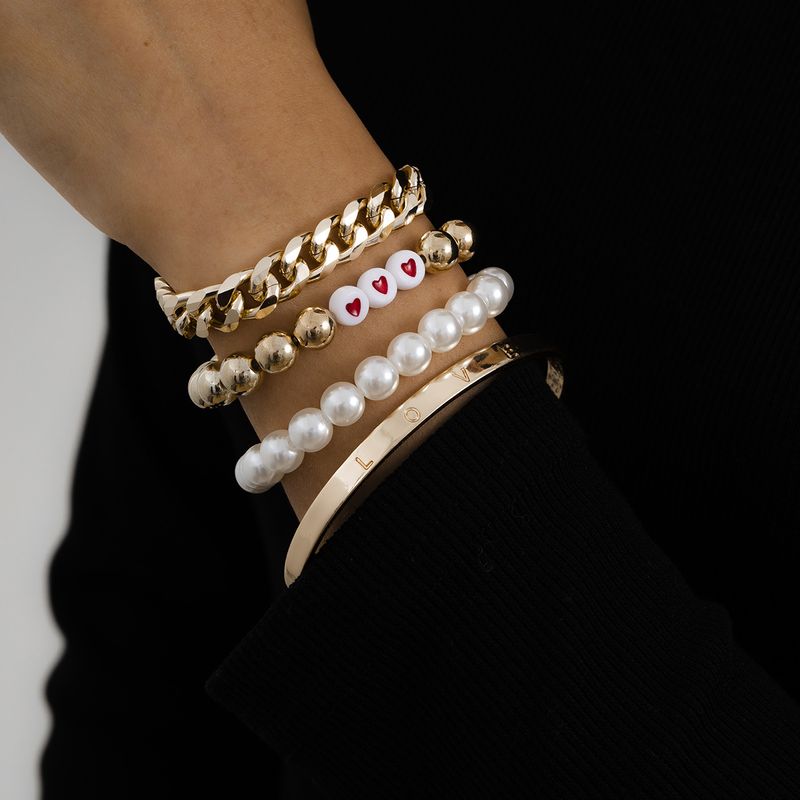 Hip-hop Texture Heart Round Bead Imitional Pearl Bracelet Set