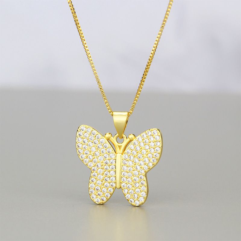 Simple Full Diamond Butterfly Zirconium Copper Pendant Necklace
