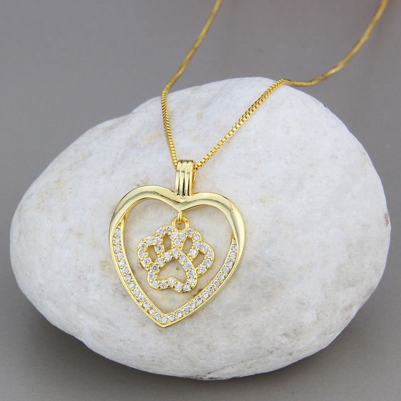 Simple Heart-shaped Inlaid Zirconium Pendant Copper Necklace