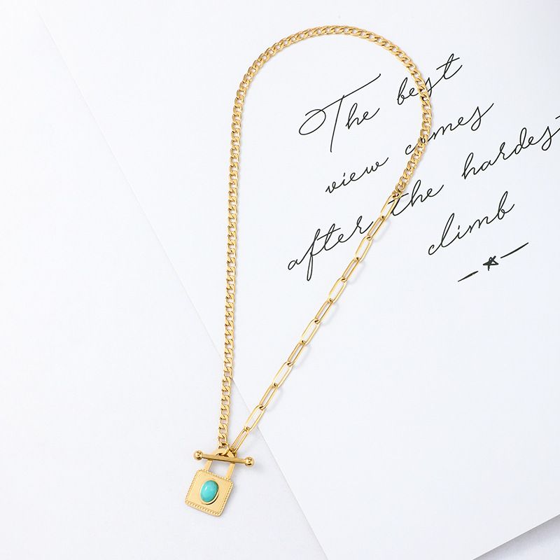 Fashion Simple Ot Buckle Turquoise Pendant Stainless Steel Necklace