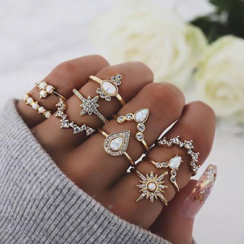 Fashion Opal Diamond Crown Combination Ring 10-piece Set