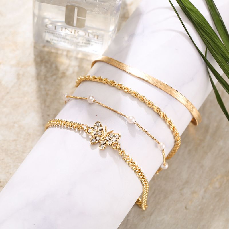 Creative Simple Fashion Butterfly Twist Pearl Anklet Set