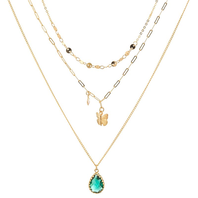 Retro Water Drop Zircon Butterfly Inseparable Multi-layered Necklace