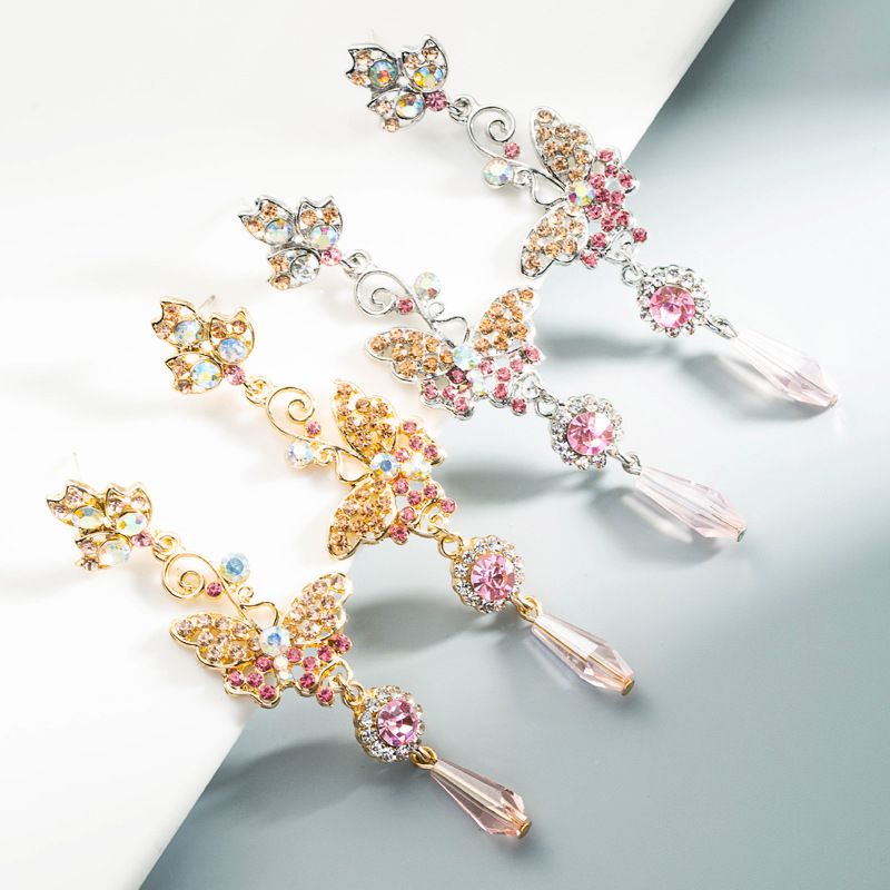 الكورية الوردي المشمش سلسلة الماس فراشة أقراط