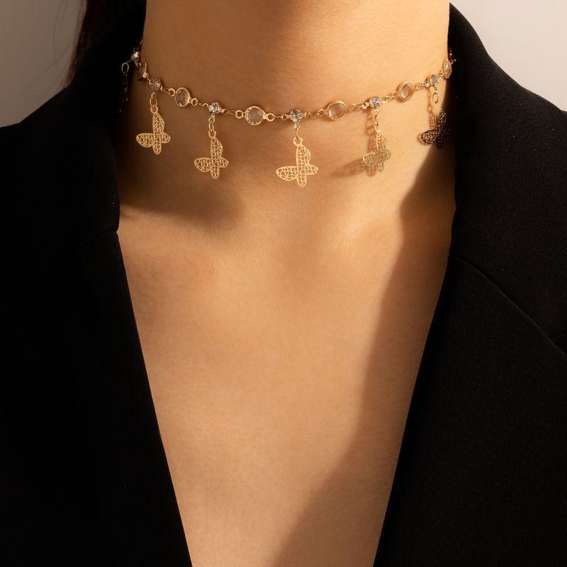 Fashion Rhinestone Hollow Butterfly Tassel Necklace