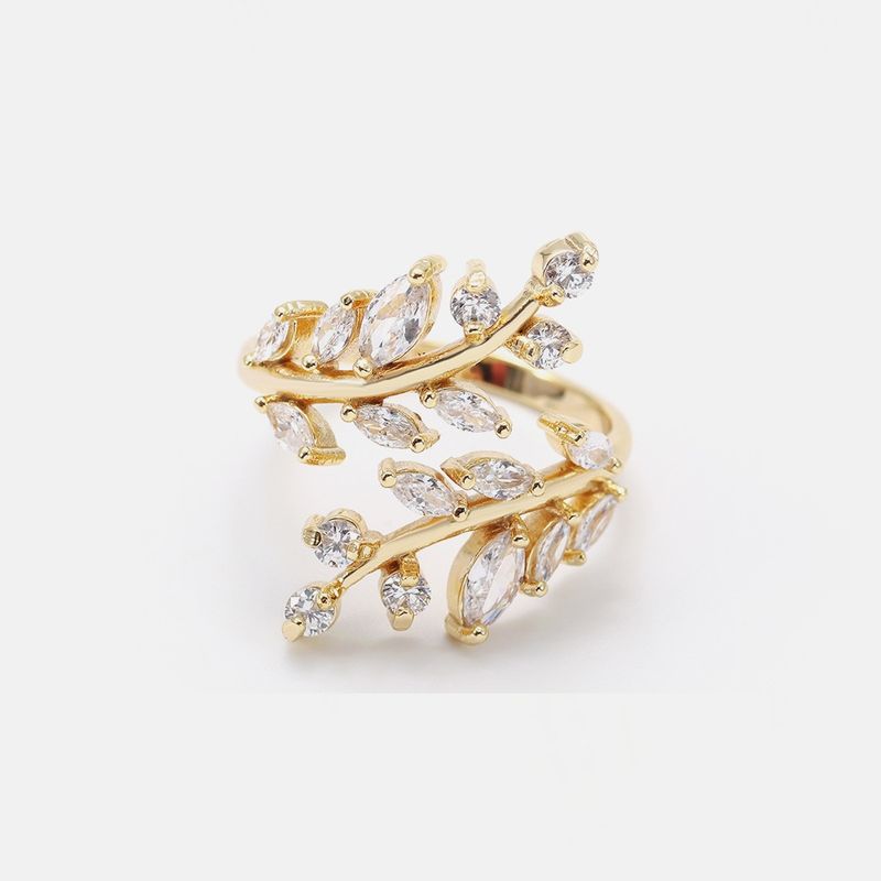 Fashion Brass Zircon Leaf Copper Ring