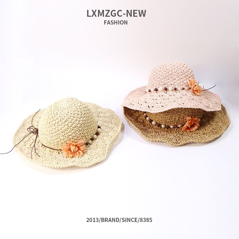 Korean Style Handmade Children's Sunshade Flower Pearl Big Brim Straw Hat