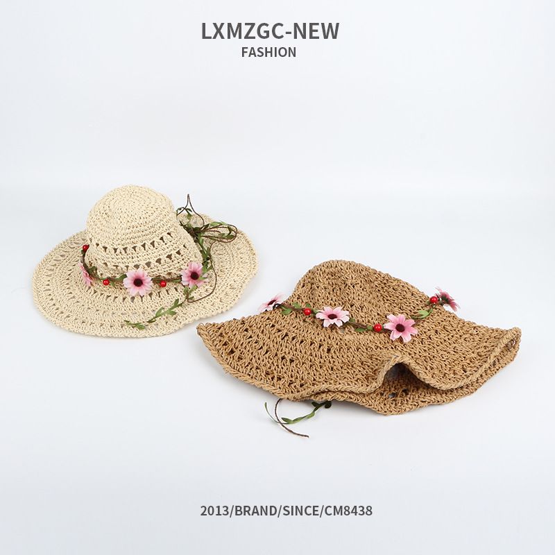 Chapeau De Paille Crocheté À La Main Pur Crème Solaire À Fleurs Pliable De Style Coréen