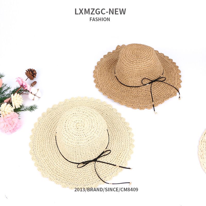 Korean Style Pearl Pendants Ruffles Sunshade Handmade Hollow Straw Hats