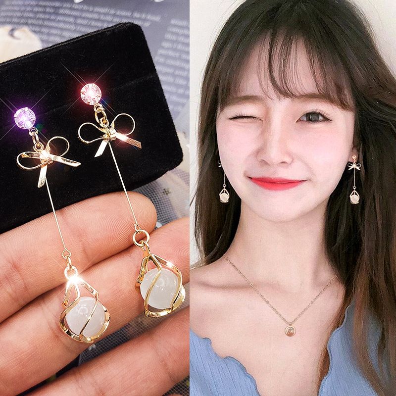 Nihaojewelry Korea's Style Bowknot Opal Long Tassel Earrings Wholesale Jewelry