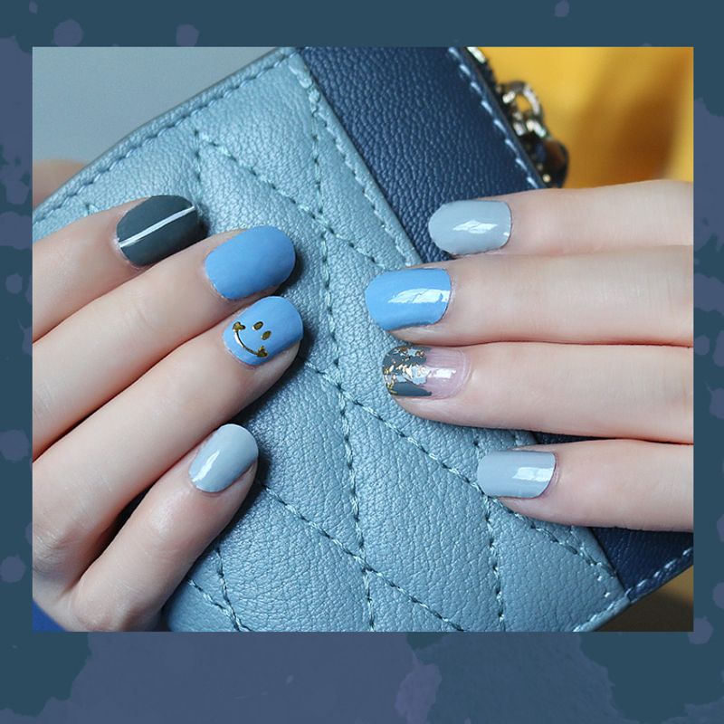 Wholesale Fashion Blue Smiley Pattern Gel Nails Patches With Nail File 22 Pieces Set Nihaojewelry