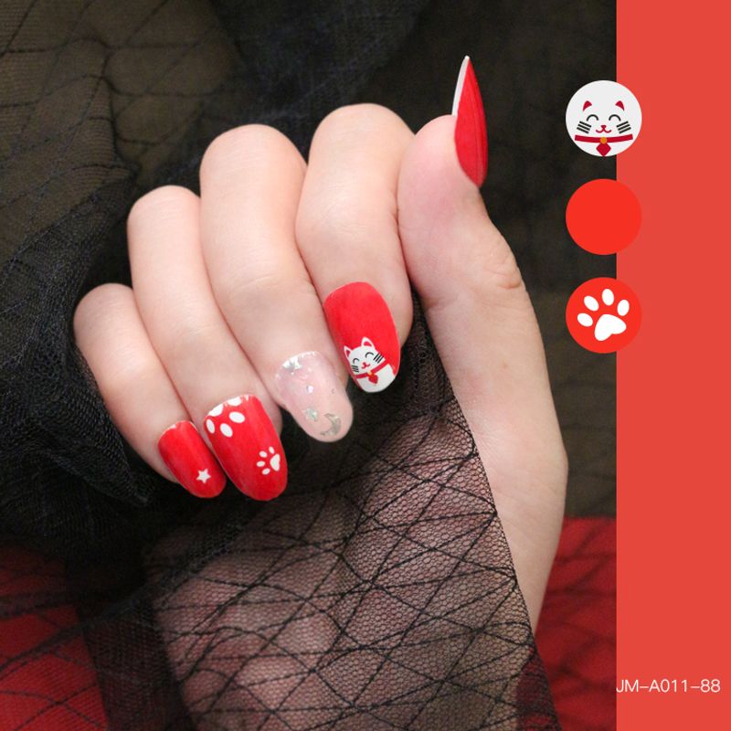 Wholesale Fashion Red Lucky Cat Pattern Gel Nails Patches With Nail File 22 Pieces Set Nihaojewelry