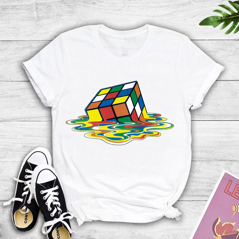 Camiseta Con Estampado De Cubo De Rubik De Fusión Colorida Simple Al Por Mayor Nihaojewelry
