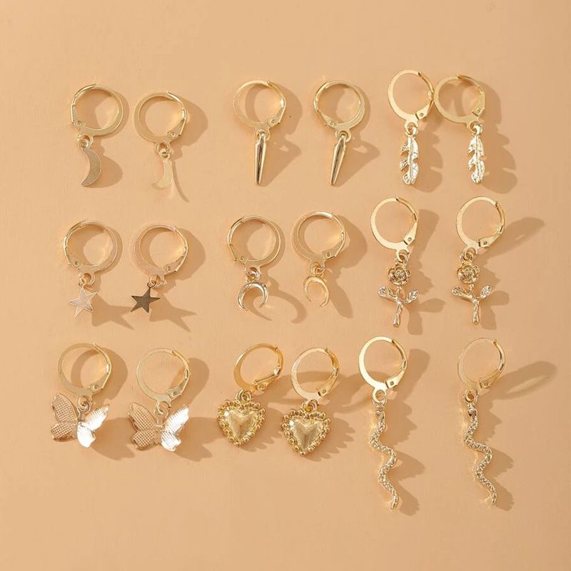 Wholesale Jewelry Simple Butterfly Moon Rose Earrings 9-piece Set Nihaojewelry