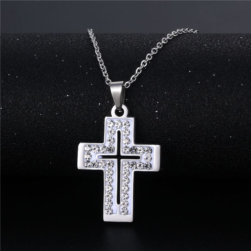Wholesale Jewelry Simple Cross Inlaid Diamond Stainless Steel Necklace Nihaojewelry