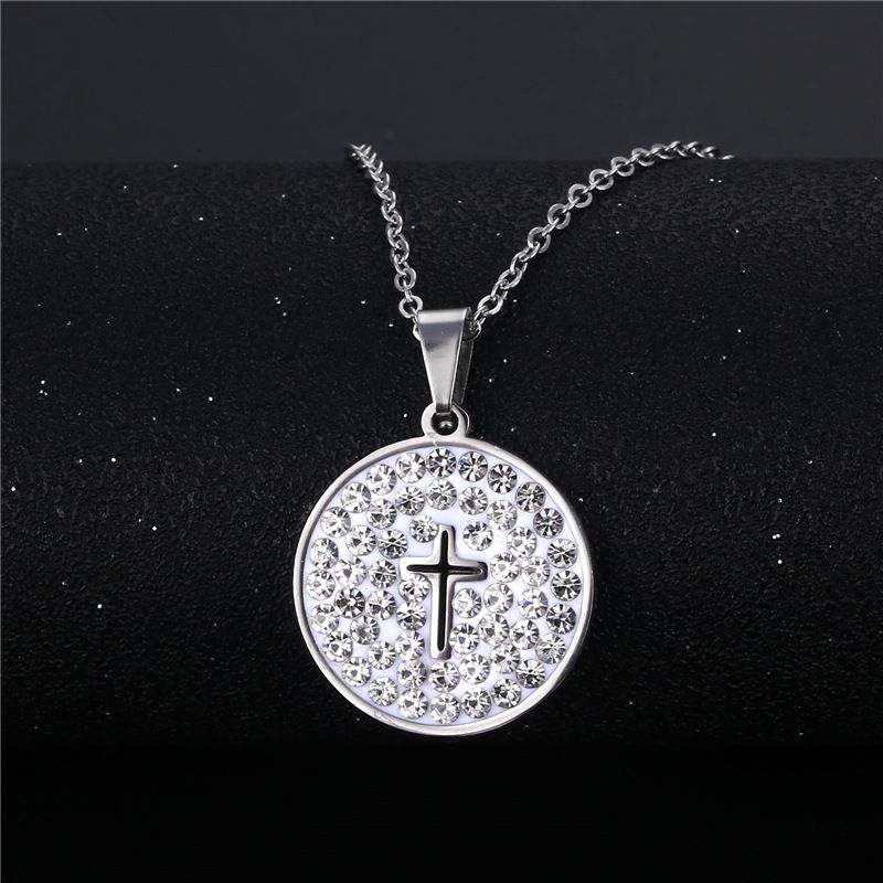 Wholesale Jewelry Simple Hollow Cross Round Pendant Stainless Steel Necklace Nihaojewelry
